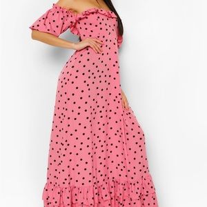 POLKA DOT OFF THE SHOULDER PUFF SLEEVE MAXI DRESS